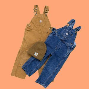 2 pairs of Carhartt overalls & toddler beanie